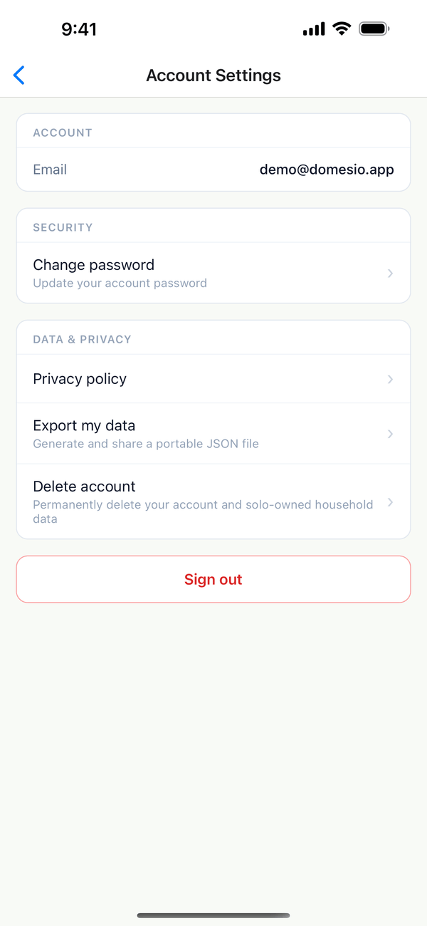 Account Settings with Change password, Export my data, and Delete account