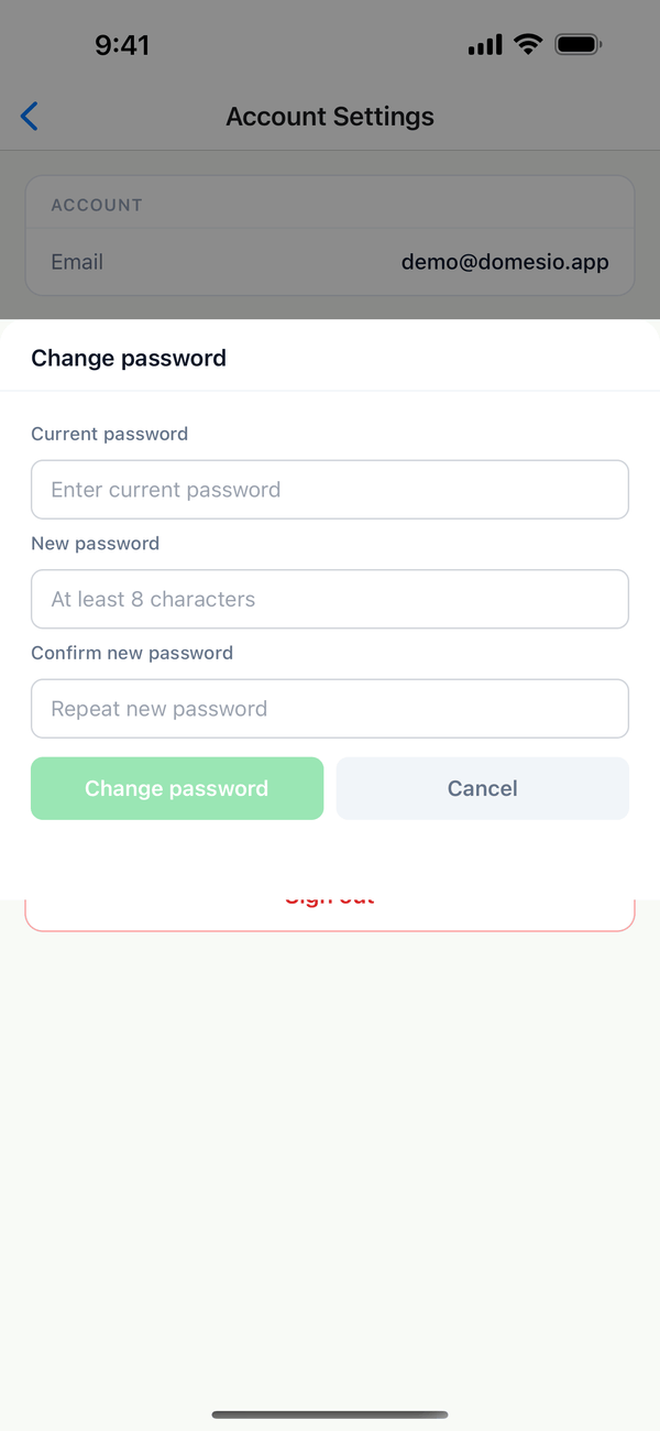 The Change password sheet with current, new, and confirm fields