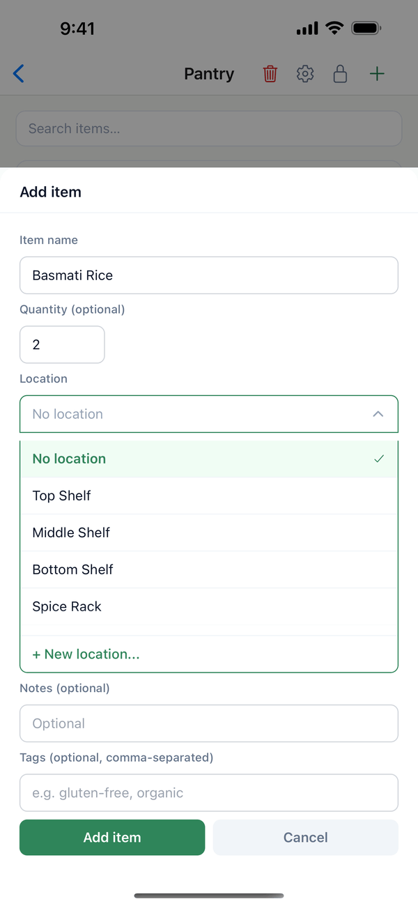 The Location picker open in the Add item sheet, with + New location... at the bottom