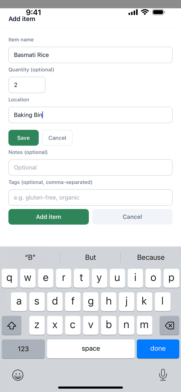 Typing Baking Bin as the new location name, with Save and Cancel below