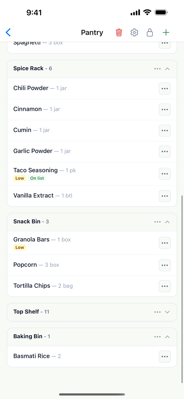 Basmati Rice listed under the new Baking Bin location