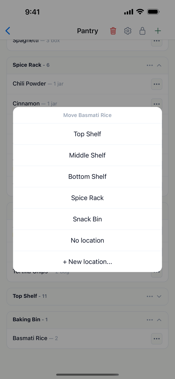 The Move Basmati Rice menu listing Top Shelf, Middle Shelf, and the other locations