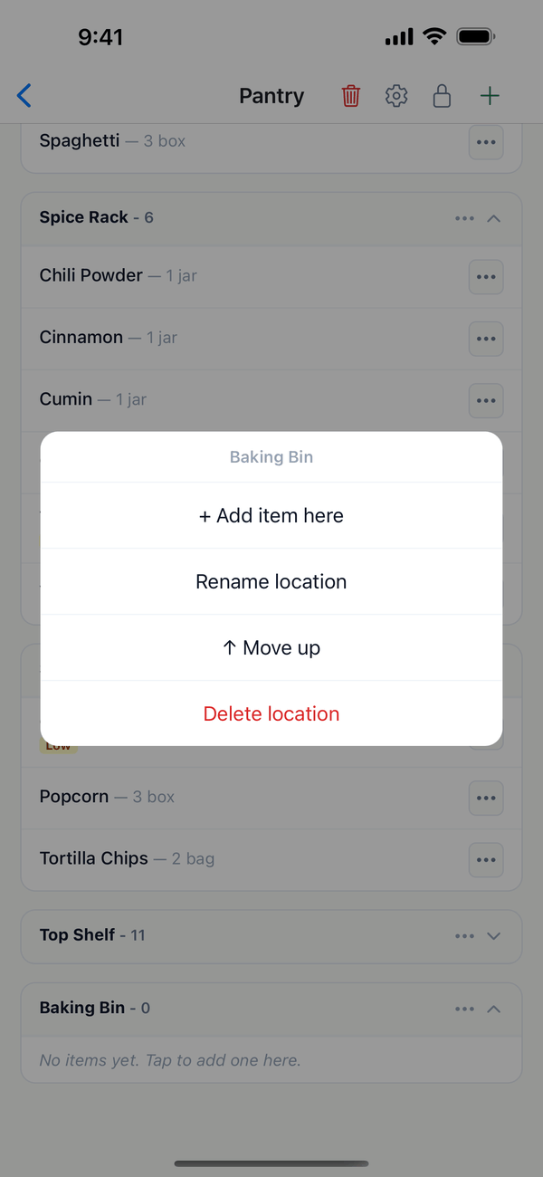 The Baking Bin location menu