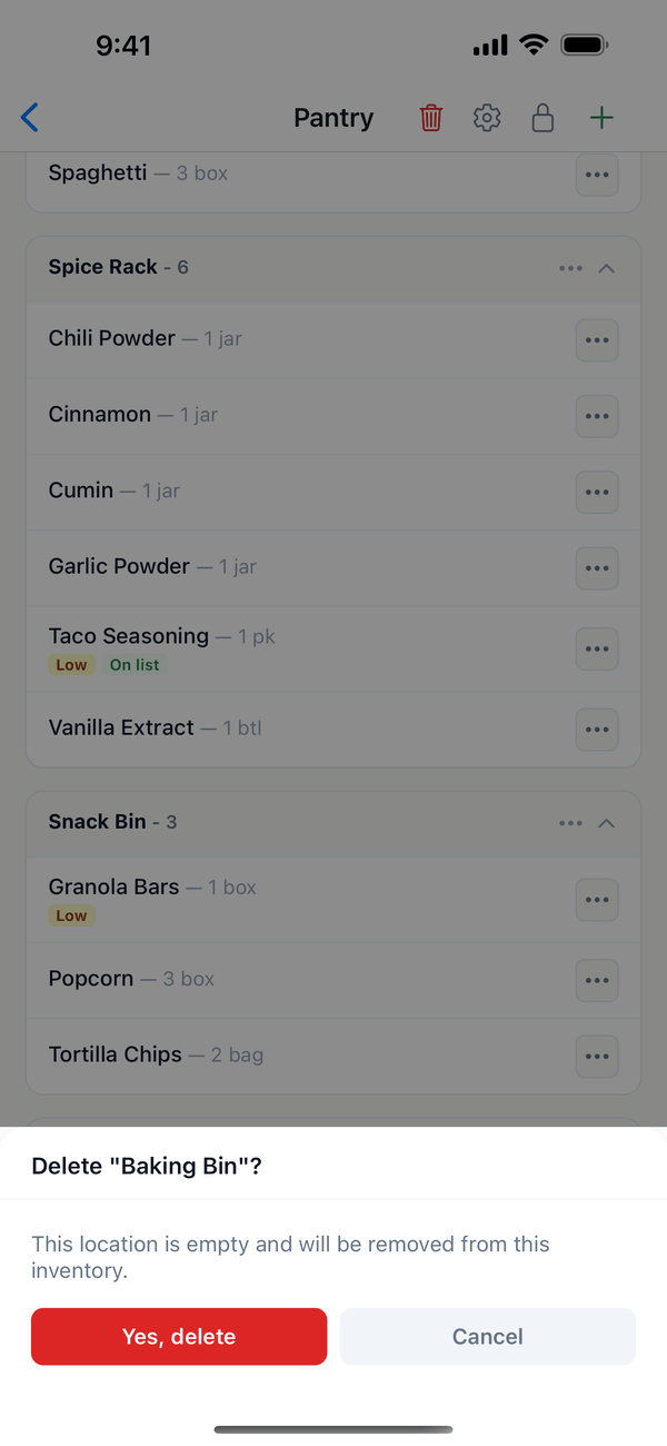 The Delete Baking Bin confirmation with Yes, delete and Cancel