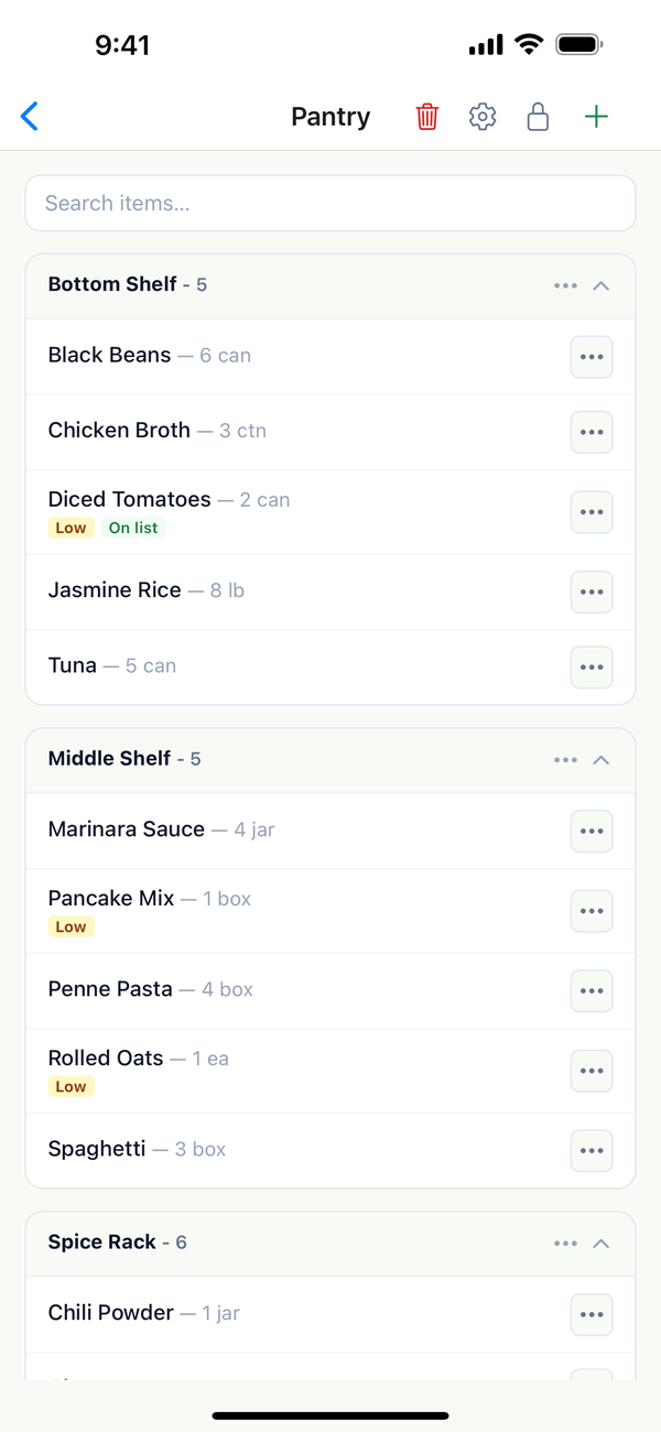 The Pantry inventory with its items grouped by location