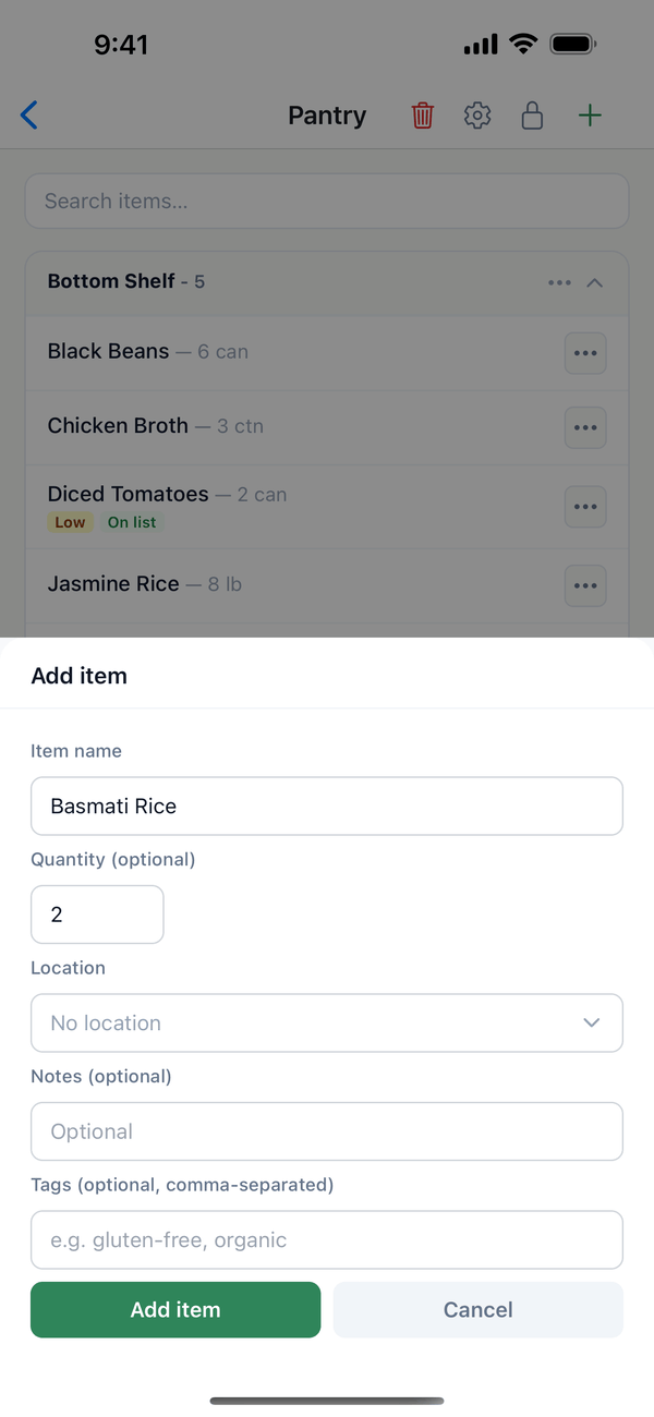 The Add item sheet with Basmati Rice and a quantity of 2