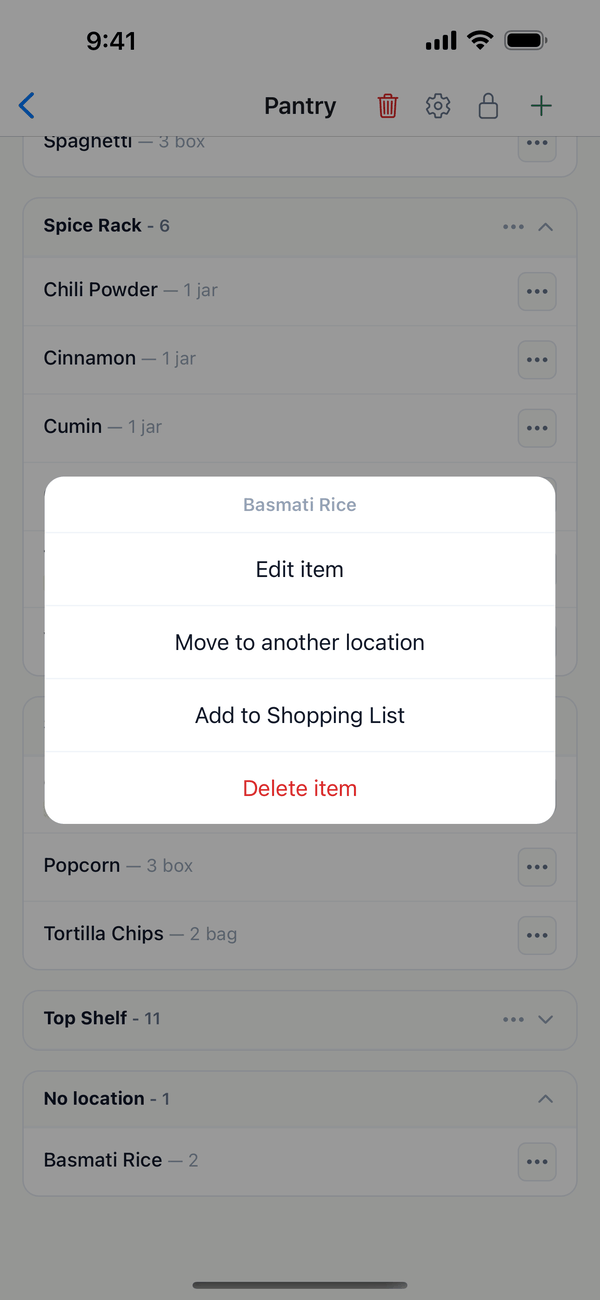 The item menu with Edit item, Move to another location, Add to Shopping List, and Delete item