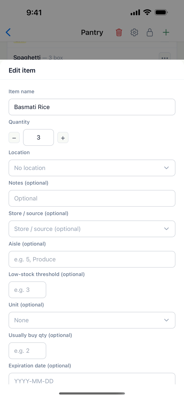 The Edit item sheet with the quantity changed to 3