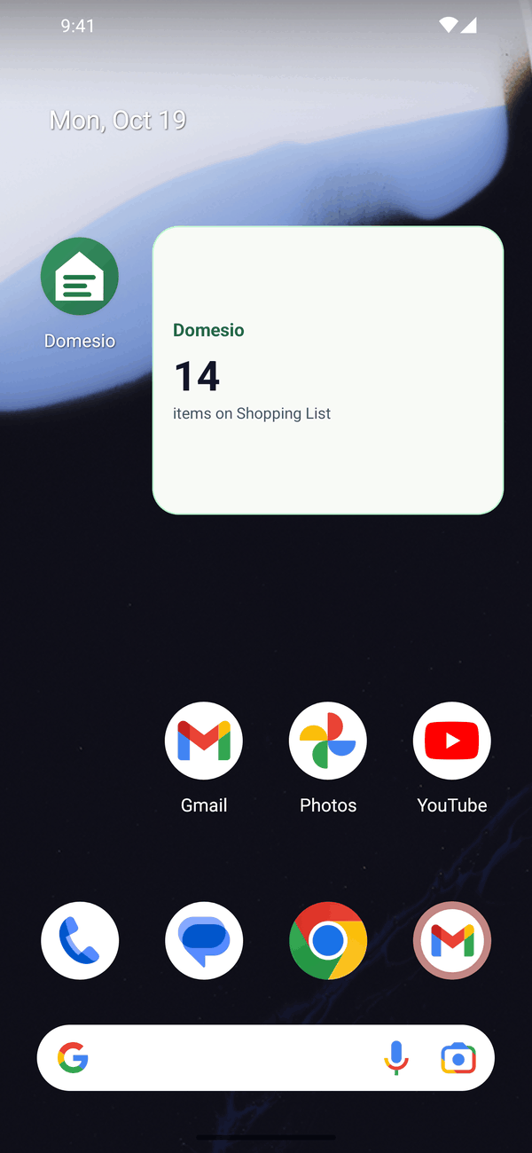 The Domesio widget on the home screen showing 14 items on Shopping List