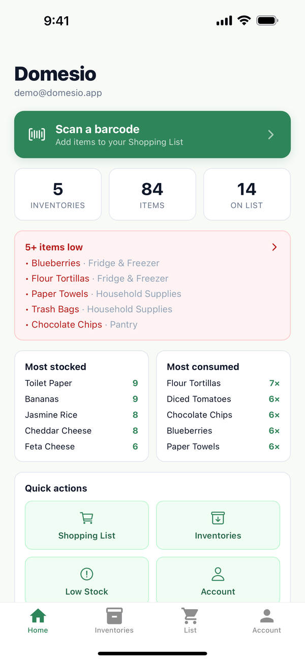 The Home tab with Scan a barcode, the counts, and the items low card