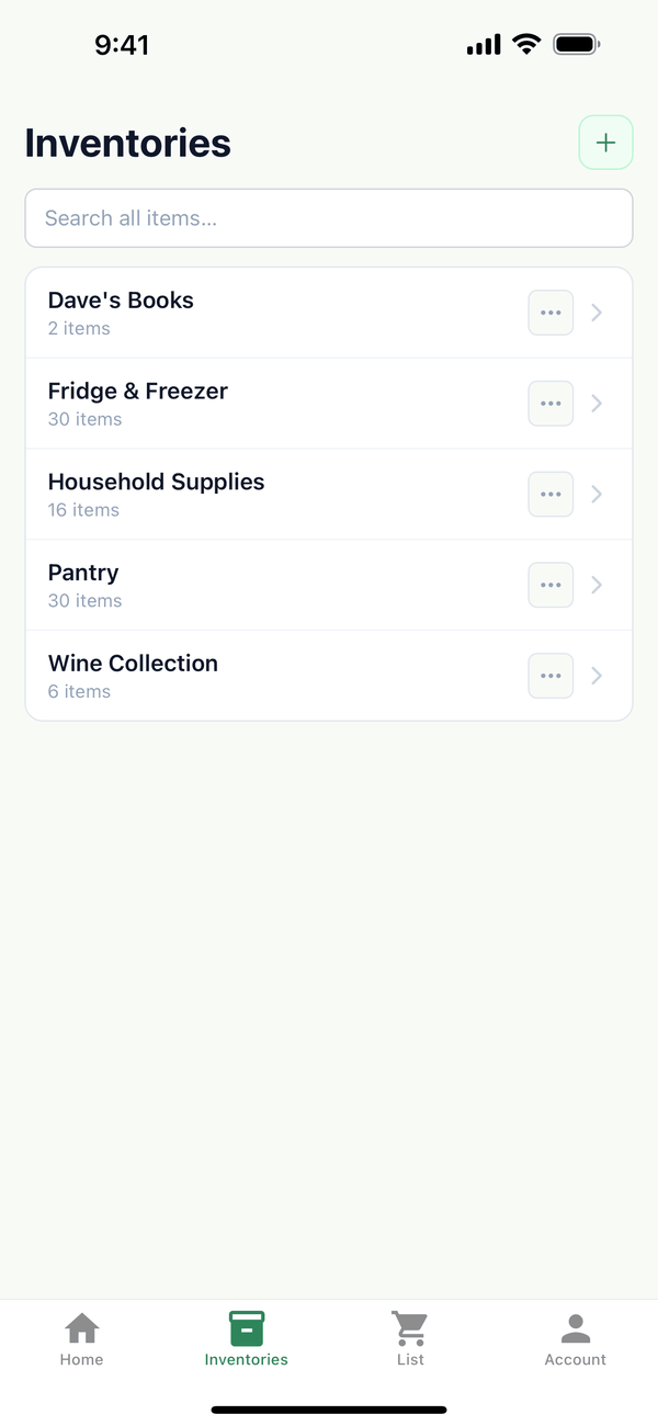 The Inventories tab listing each inventory and its item count