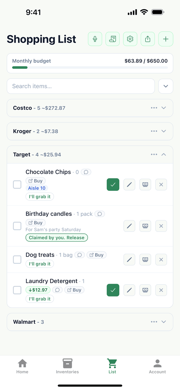 The List tab with the shopping list grouped by store