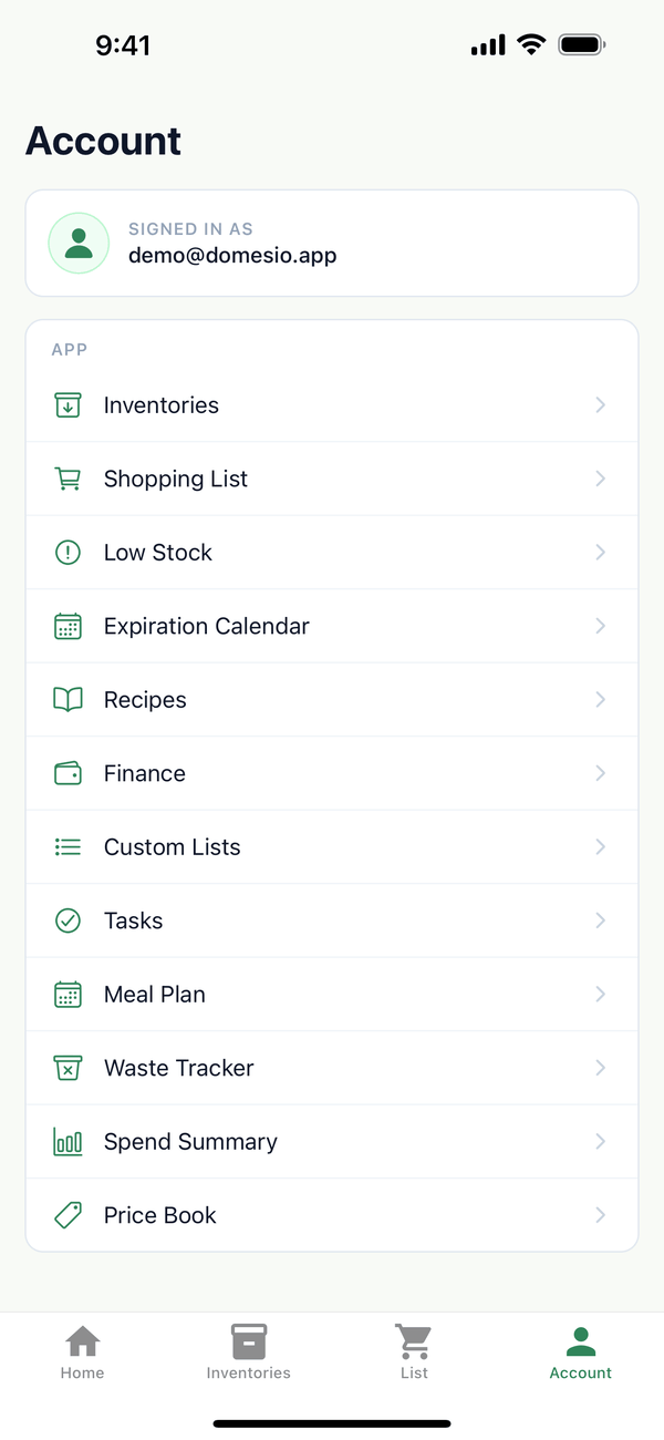 The Account tab with the list of screens it opens