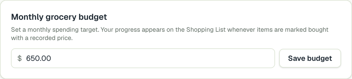The Monthly grocery budget card on the website with Save budget