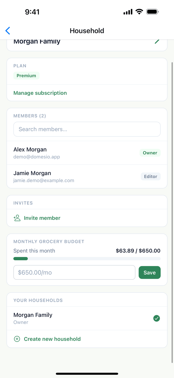 The Monthly grocery budget card with $63.89 of $650.00 spent and a Save button