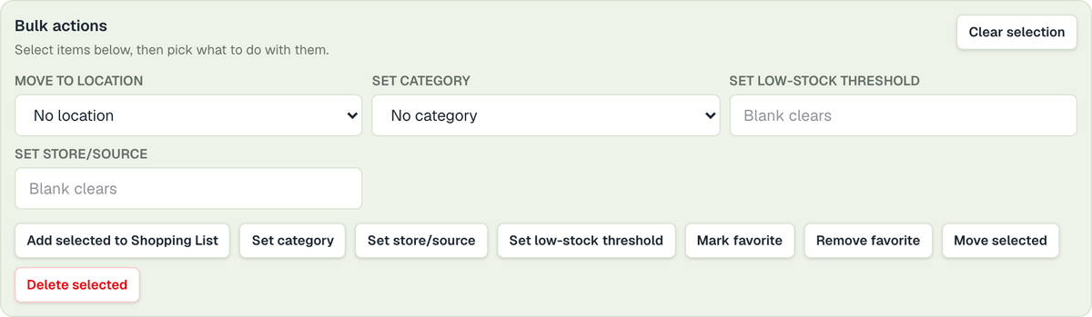 The Bulk actions panel with Move to location, Set category, Set low-stock threshold, Set store/source, and the action buttons