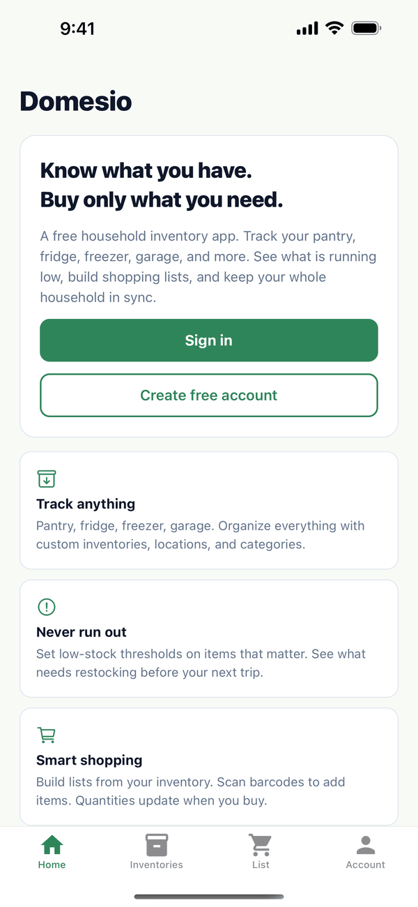 The signed-out Home screen with Sign in and Create free account