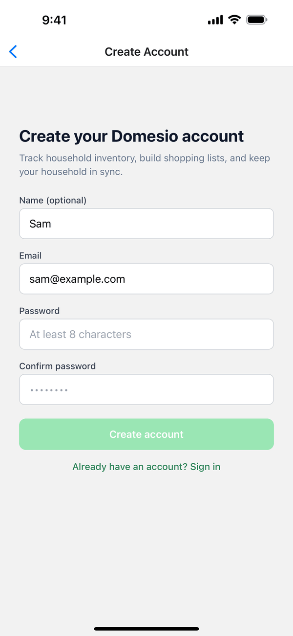 The Create your Domesio account screen with a name and email filled in