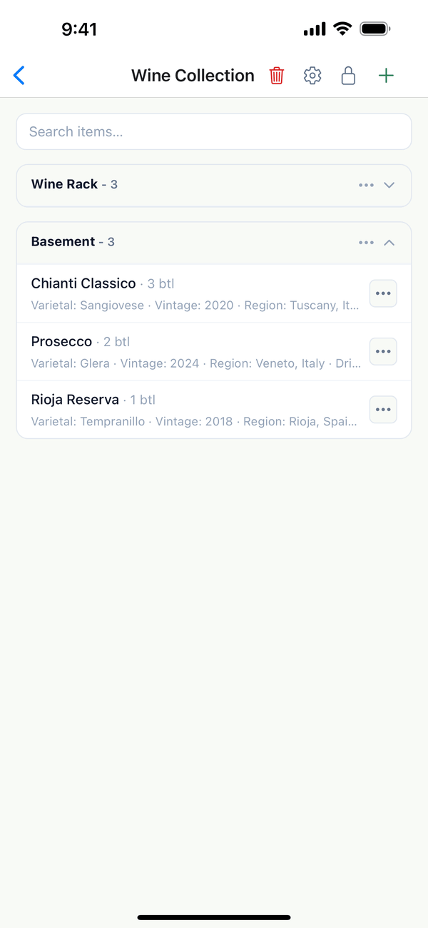 The Wine Collection inventory with Varietal, Vintage, and Region under each bottle