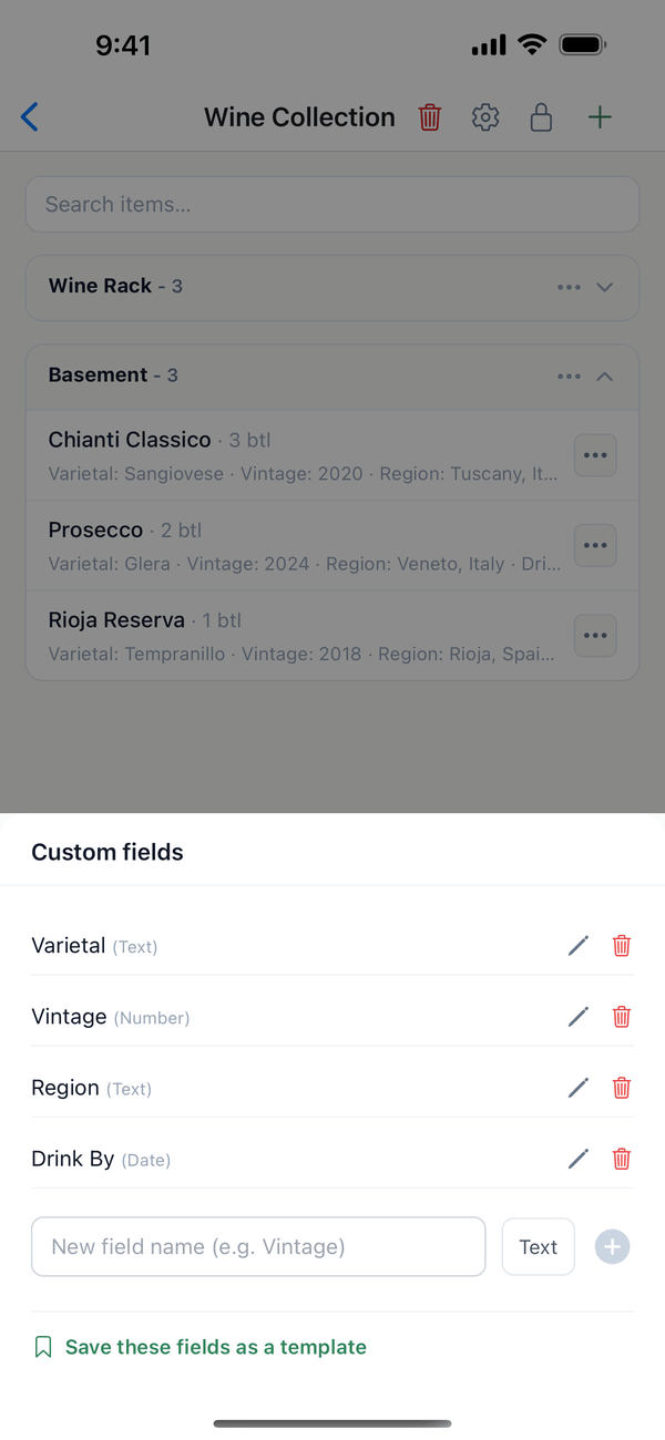 The Custom fields sheet listing Varietal, Vintage, Region, and Drink By