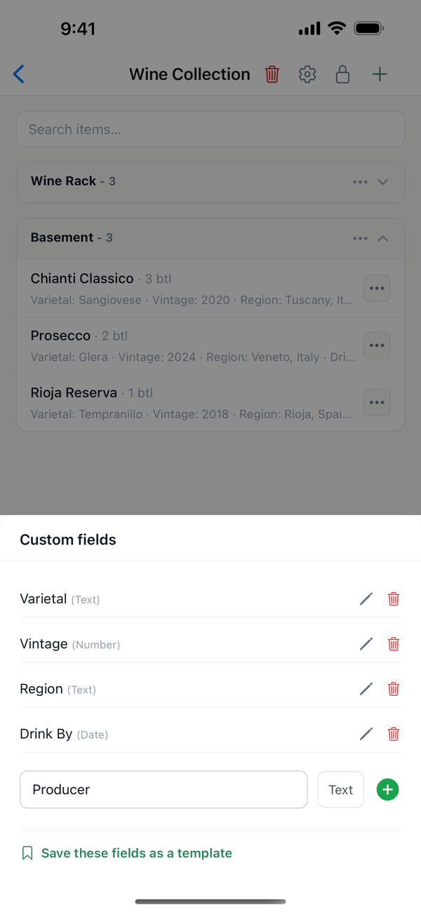 Typing Producer as a new Text field, with the green + ready to tap