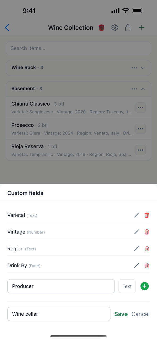 Naming the template Wine cellar, with Save and Cancel