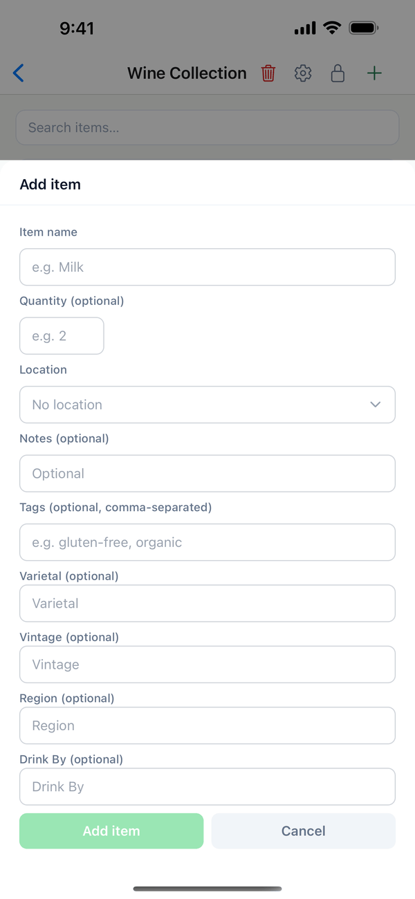 The Add item sheet with Varietal, Vintage, Region, and Drink By fields