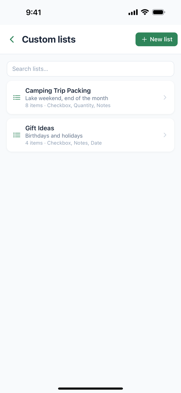 The Custom lists screen with Camping Trip Packing and Gift Ideas
