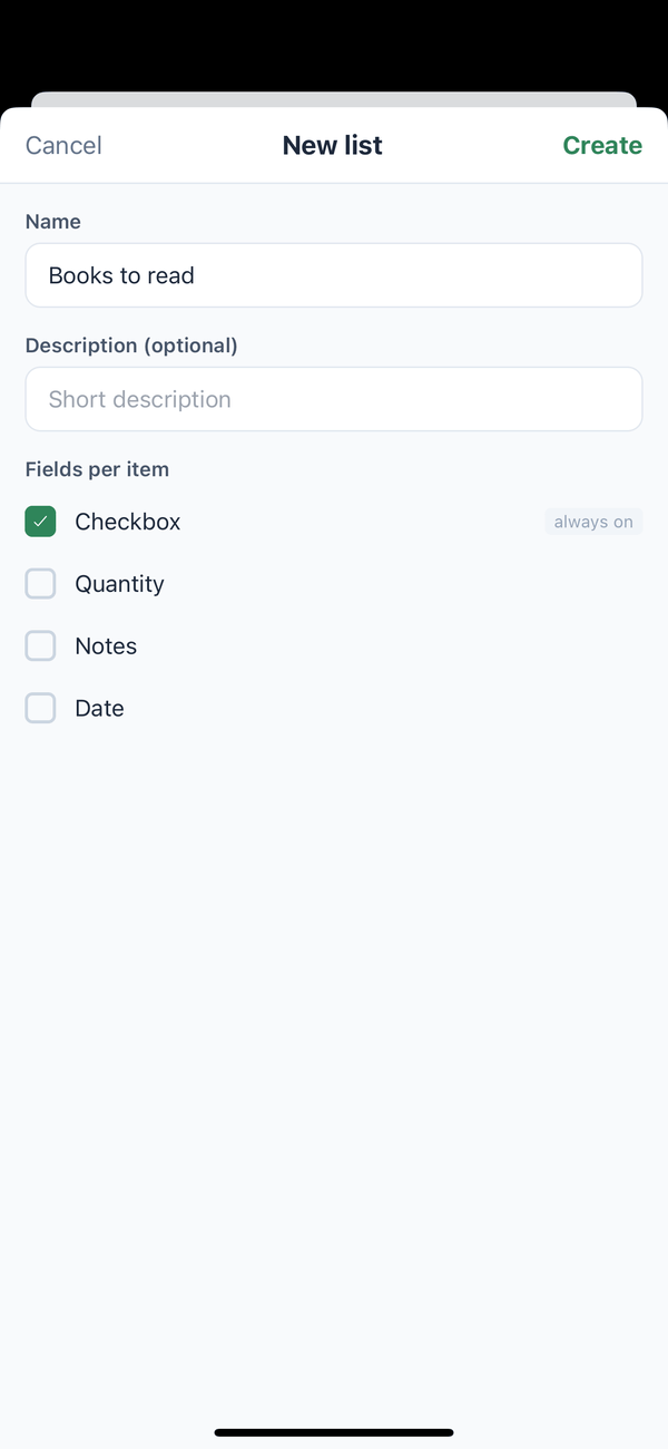 The New list sheet named Books to read, with Checkbox, Quantity, Notes, and Date
