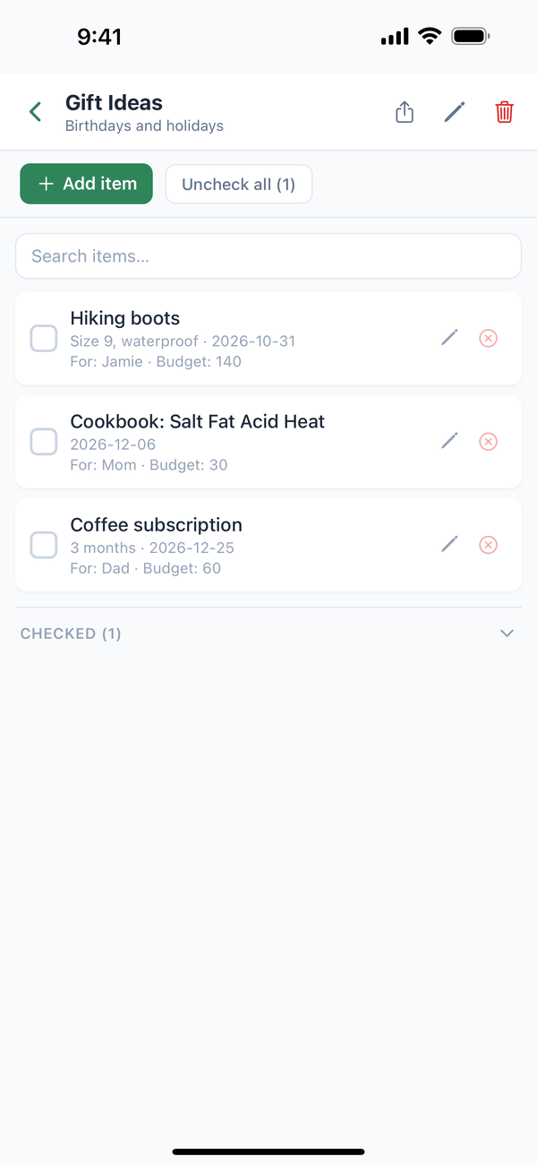 The Gift Ideas list with Uncheck all and one item under Checked