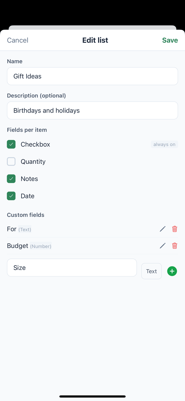 Edit list for Gift Ideas with the For and Budget fields and Size being added
