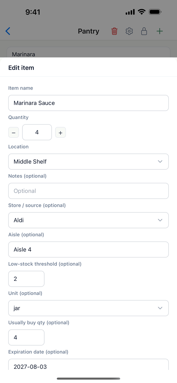 The Edit item sheet for Marinara Sauce showing quantity, location, store, and aisle