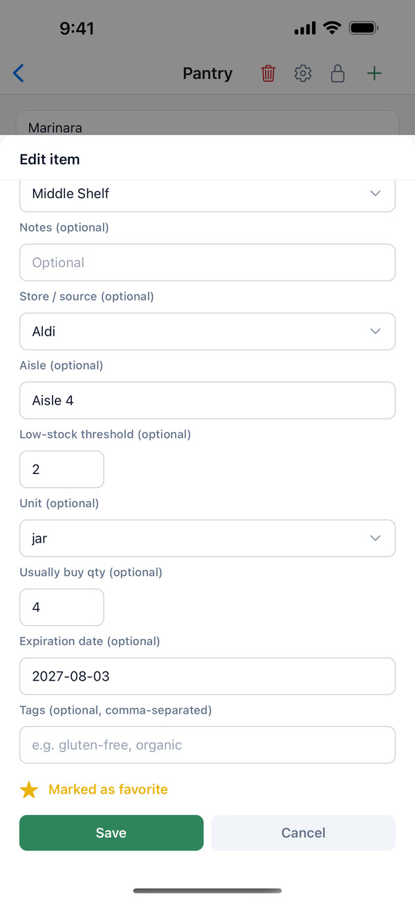 The bottom of Edit item with tags, Marked as favorite, Save, and Cancel