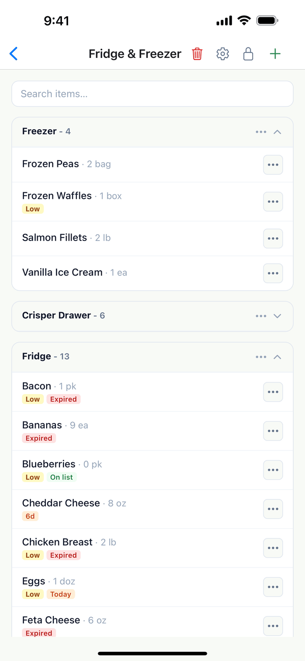 Fridge items with Expired, Today, and 6d tags