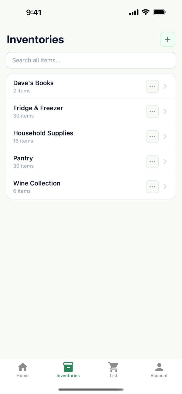 The Inventories tab with the + button at the top right
