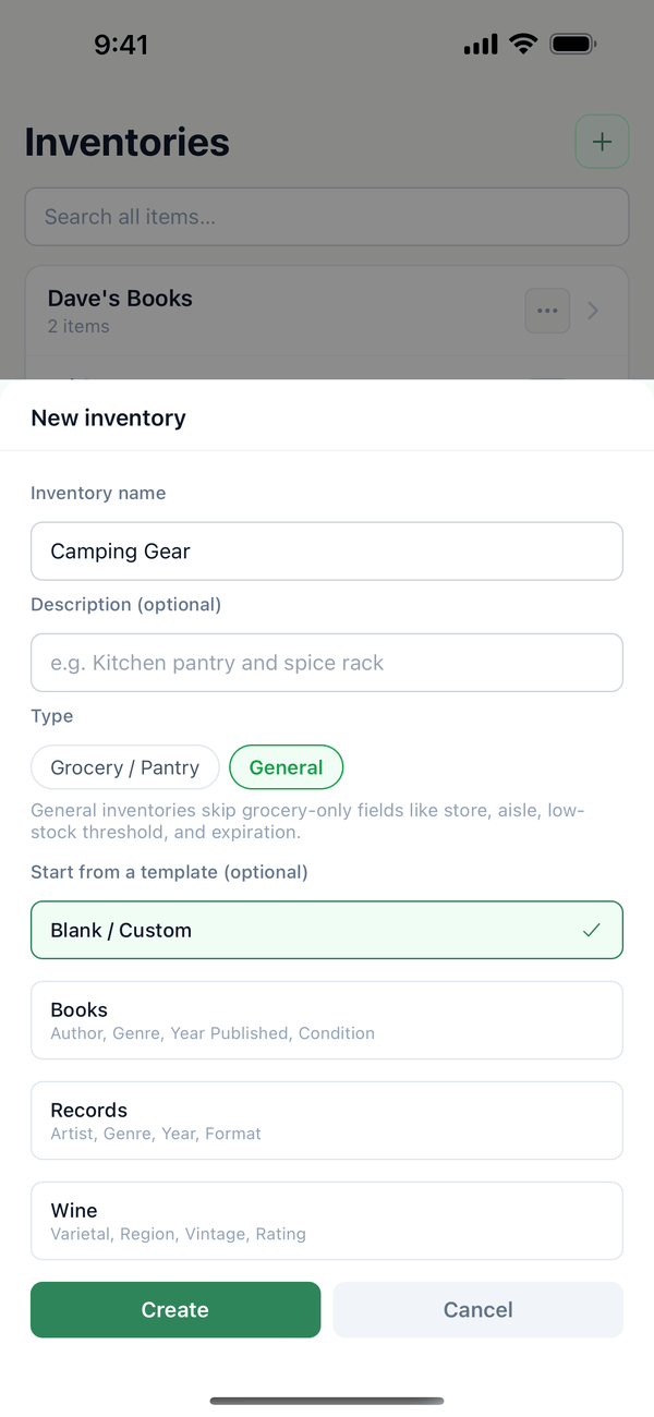 The New inventory sheet with the name Camping Gear, the General type, and the template list