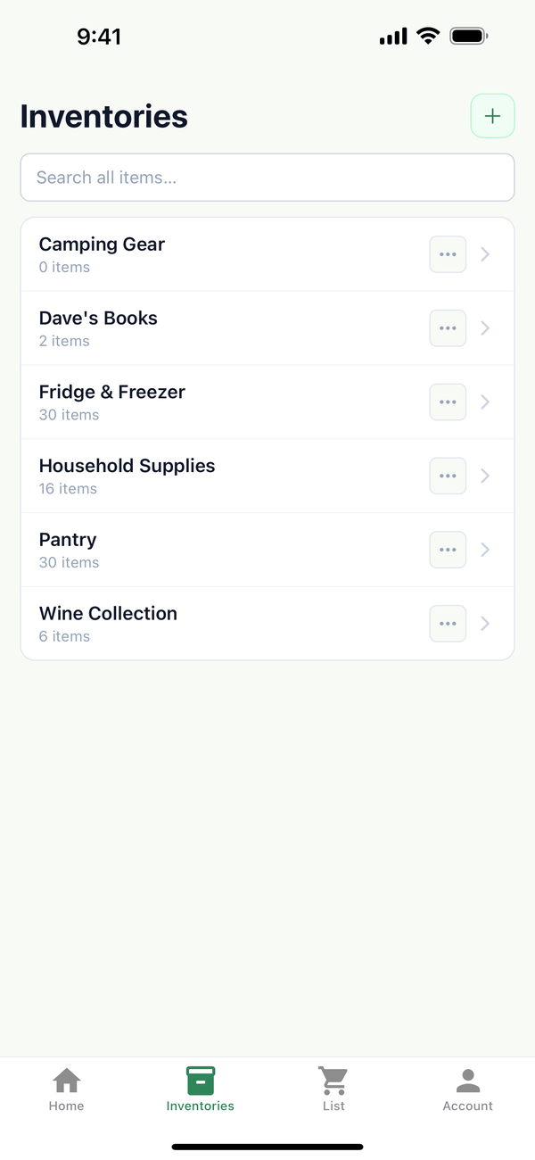 The Inventories list with Camping Gear at the top