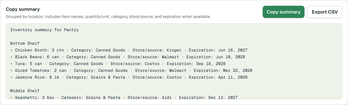 Copy summary and Export CSV with the Pantry summary below