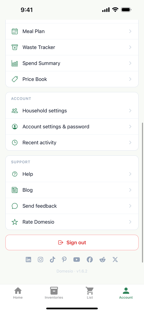The Account tab with Household settings under Account