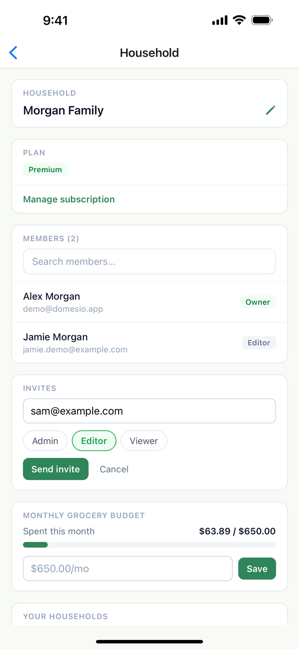 The invite form with sam@example.com and the Editor role selected
