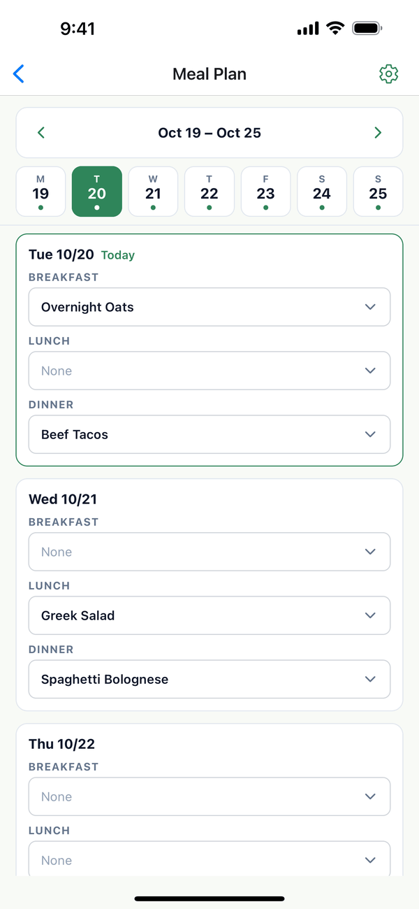 The Meal Plan for Oct 19 to Oct 25 with Breakfast, Lunch, and Dinner for each day