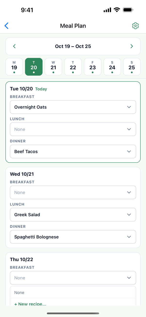 Monday's dinner open with + New recipe..., + Quick meal..., and the recipe list