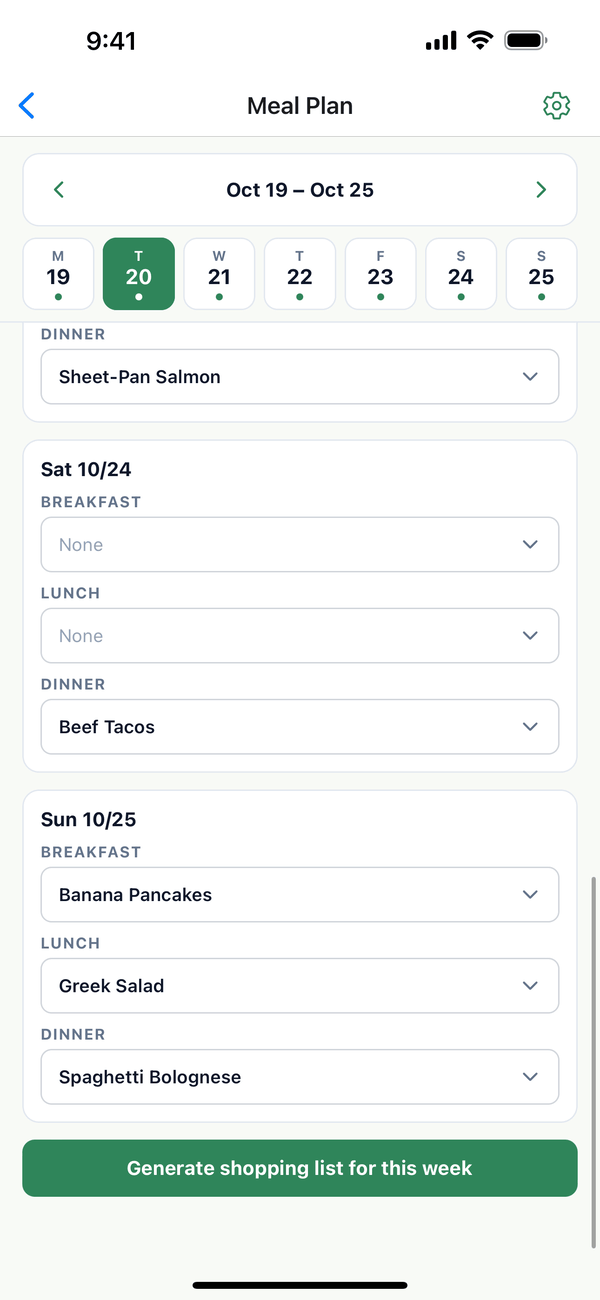 Generate shopping list for this week at the bottom of the plan