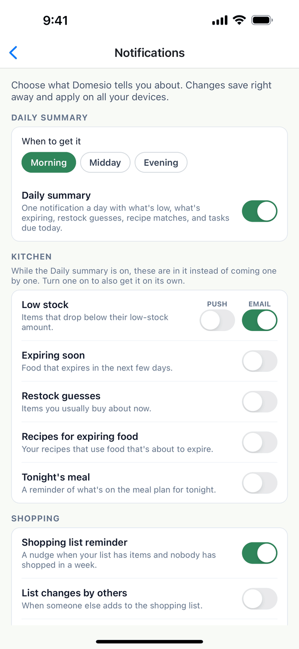 The Notifications screen with the Daily summary set to Morning, and the Kitchen alerts below it