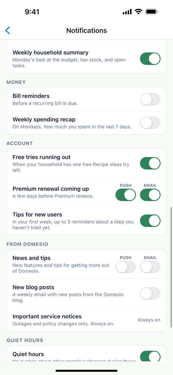 Bill reminders and the Weekly spending recap under Money, then Free tries running out, Premium renewal coming up, and Tips for new users under Account