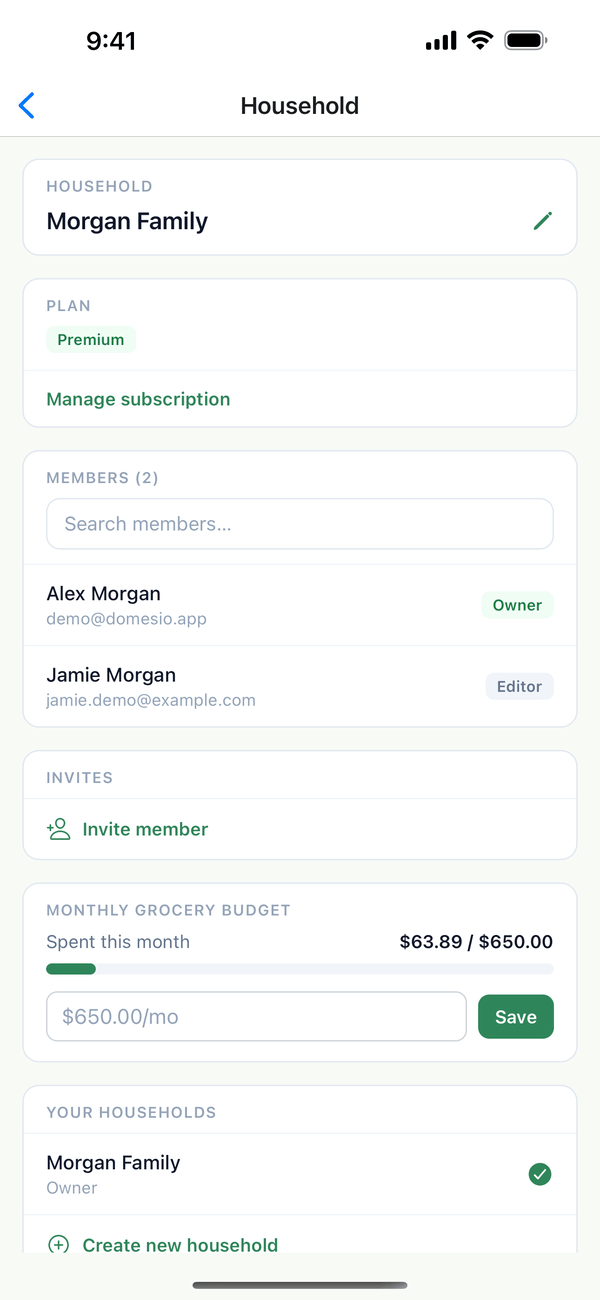 Household settings with the Plan card showing Premium and Manage subscription