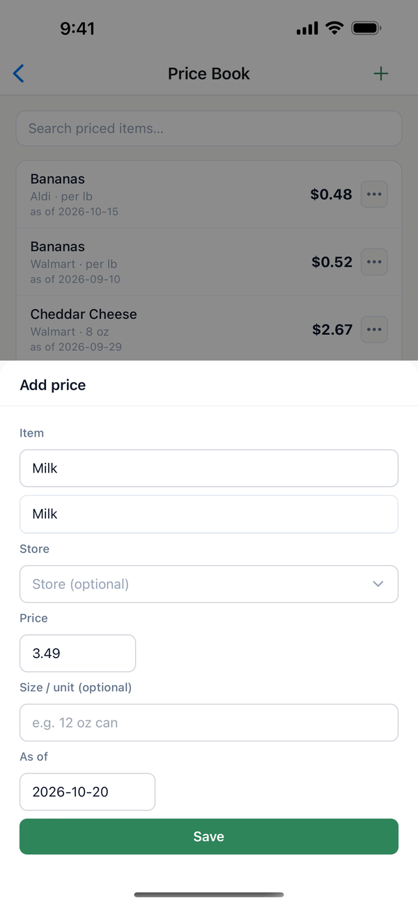 The Add price sheet with Milk and a price of 3.49