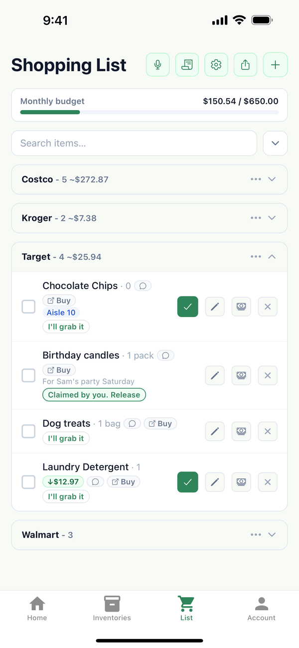 The Shopping List with the Scan receipt button at the top