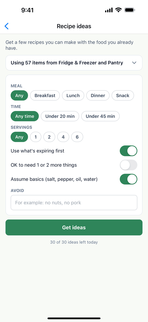 The Recipe ideas screen with Meal, Time, and Servings options and the Get ideas button
