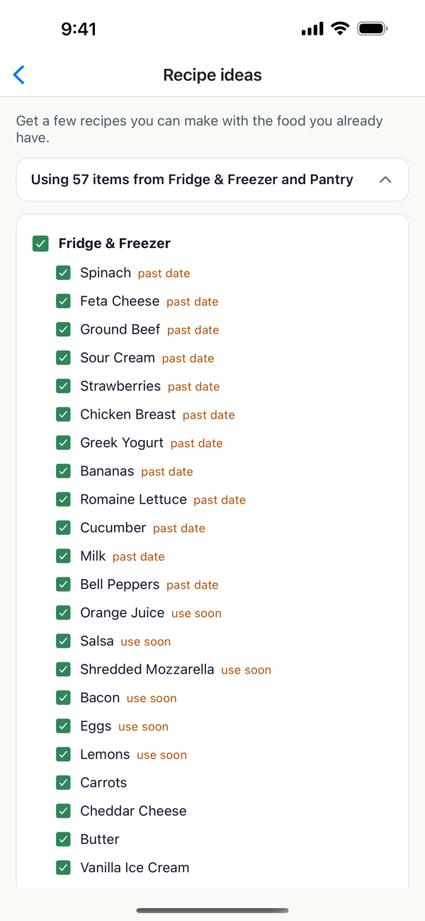 The food checklist with Fridge and Freezer items, some marked use soon or past date